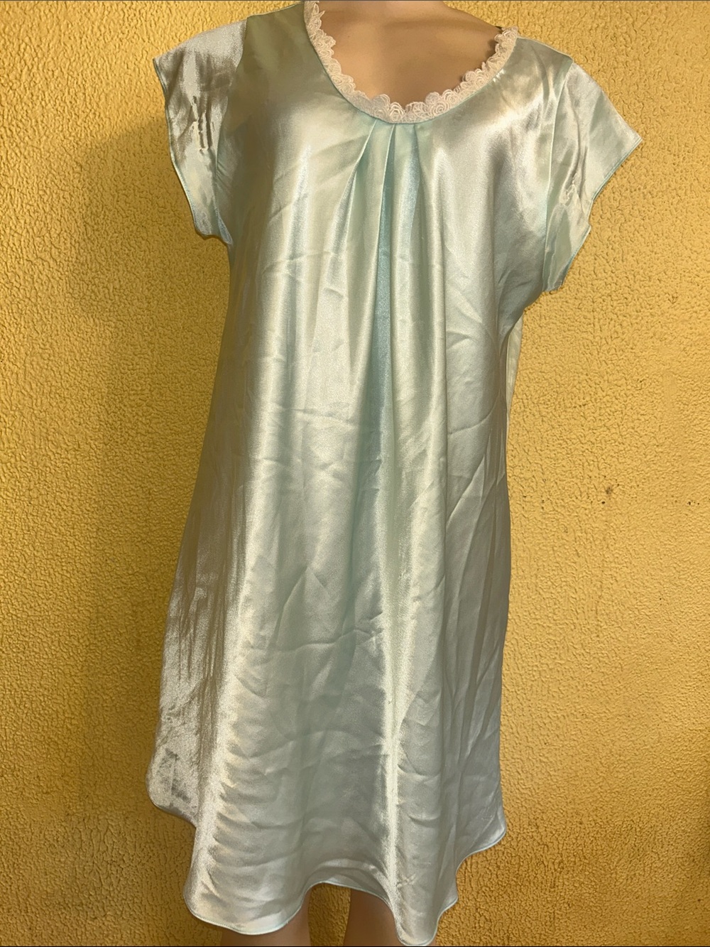 Oscar de la Renta Sleepwear Light Blue Satin Nightgown with Lace Trim